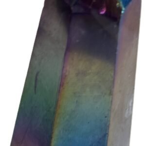 Standing rainbow amethyst aura polished crystal point 13 sians emporium Polished rainbow amethyst aura quartz generator point showing iridescent green violet and gold metallic sheen over natural chevron banding